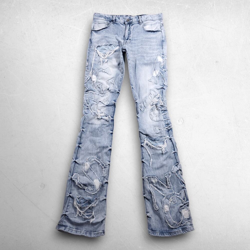 Smoke Rise Stacked Flare Fit Jeans Men 34x36 Blue Denim Distressed Streetwear